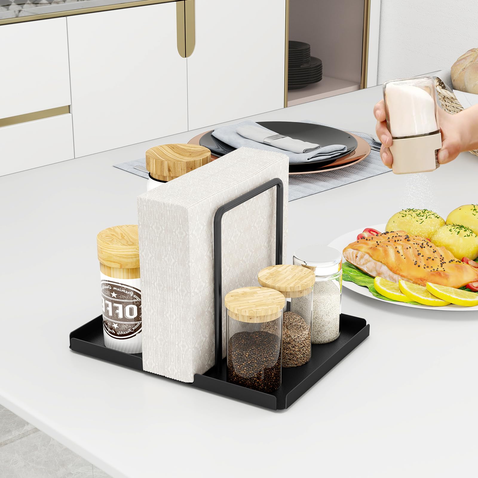 LSK Servilletero, servilletero de acero para mesa con organizador de salero y pimentero, almacenamiento de servilletas de papel de pie para cocina, mesa de comedor, encimera, color negro