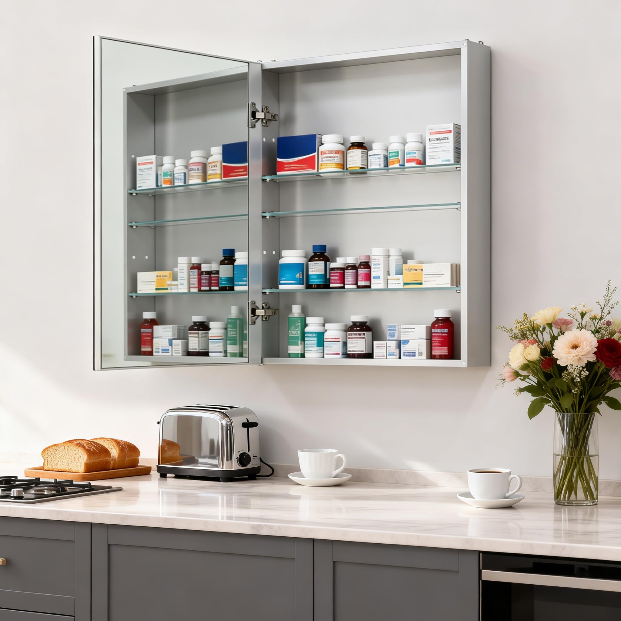 Botiquín de baño de 80 x 60 cm con espejo, marco de aluminio, ligero, resistente y atractivo, apto para empotrar o montar en la pared, estantes ajustables, vidrio templado