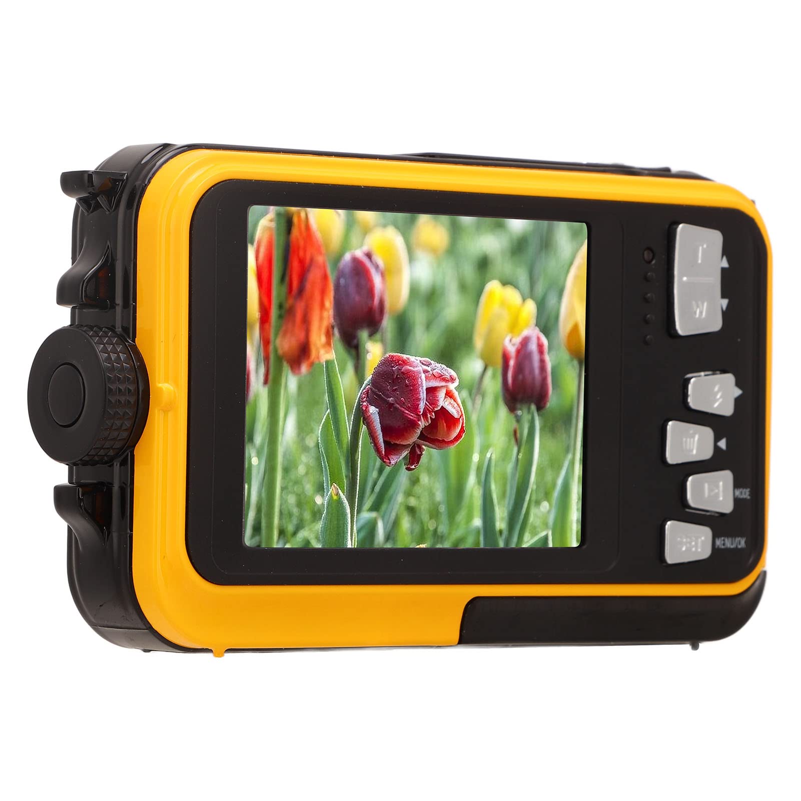 Fotocamera Subacquea, Fotocamera Digitale Impermeabile Full HD 2.7K 48MP 10ft, Fotocamera Tascabile LCD Anteriore Posteriore a Doppio Schermo con Zoom Digitale 16X per Snorkeling, (Giallo)