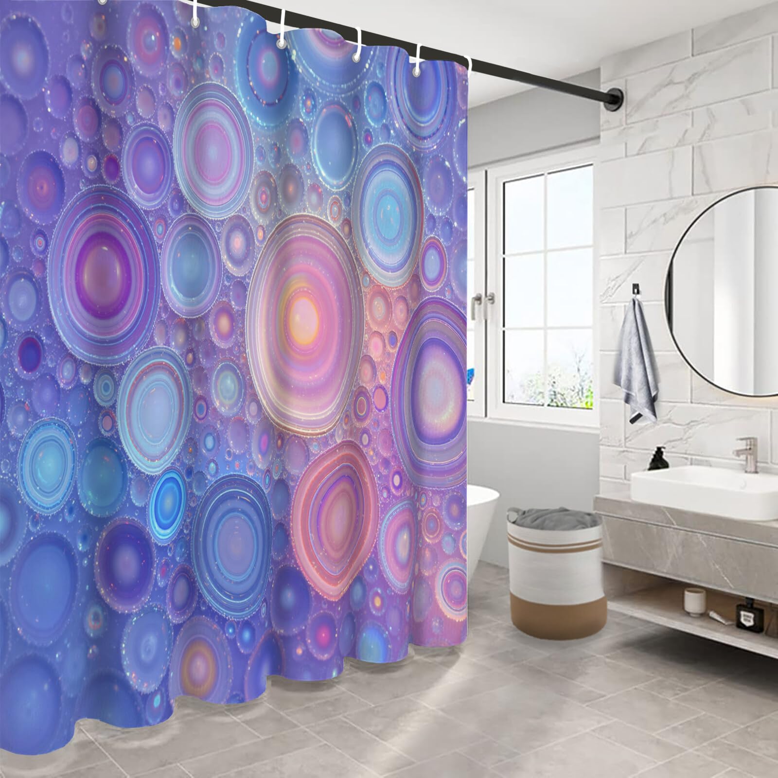 Rideau De Douche Cercle Dégradé Abstrait Moderne Tissu Imperméable Lavable avec Crochets Anti Moisissure en Polyester Rideau Douche pour Salle De Bain