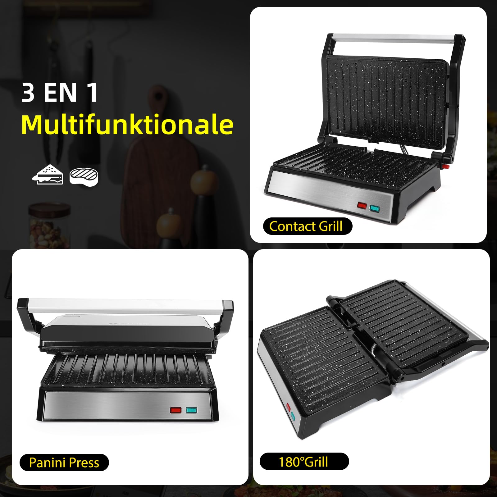Aigostar Hett Pro Kontaktgrill 1500W Panini Grill Sandwichmaker Antihaftbeschichtung 180º Öffnung