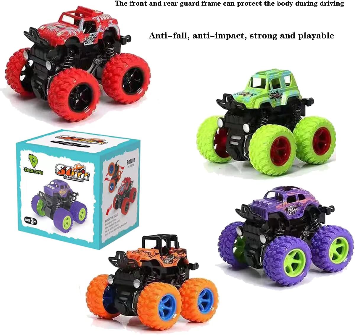 Monster Truck Toys, Friction Powered Monster Trucks for Boys, Push and Go Vehicles Toy for Kids, Inertia Vehicle, Stunt On-Road Vehicle, Great for Birthday Party Gift for Boys Girls (4 PCS)