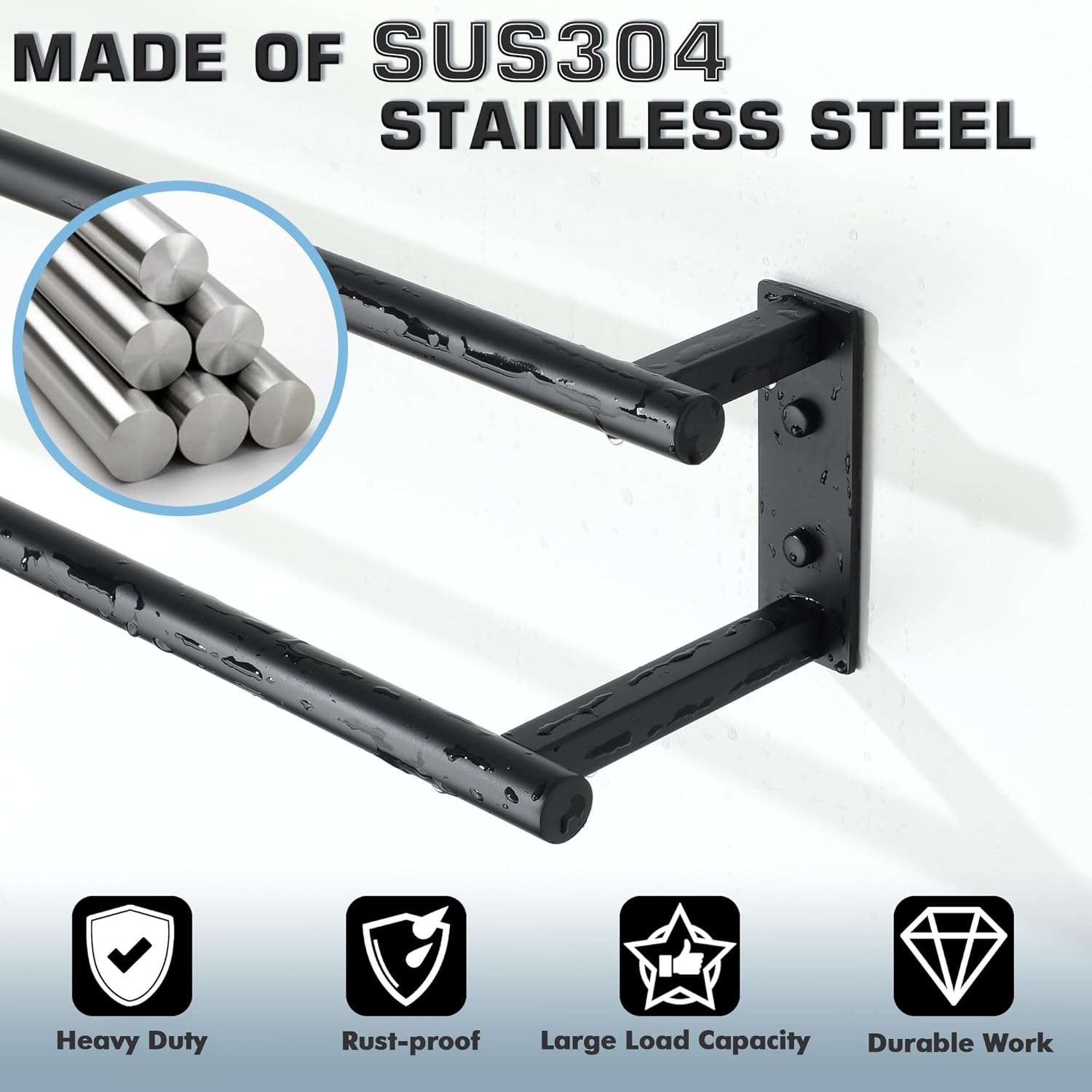 Alise Double Towel Bars for Bathroom,Wall Mount Towel Holder Towel Racks for Bathroom Lavatory,SUS304 Stainless Steel Towel Hanger Towel Rails,Matte Black,24 inch