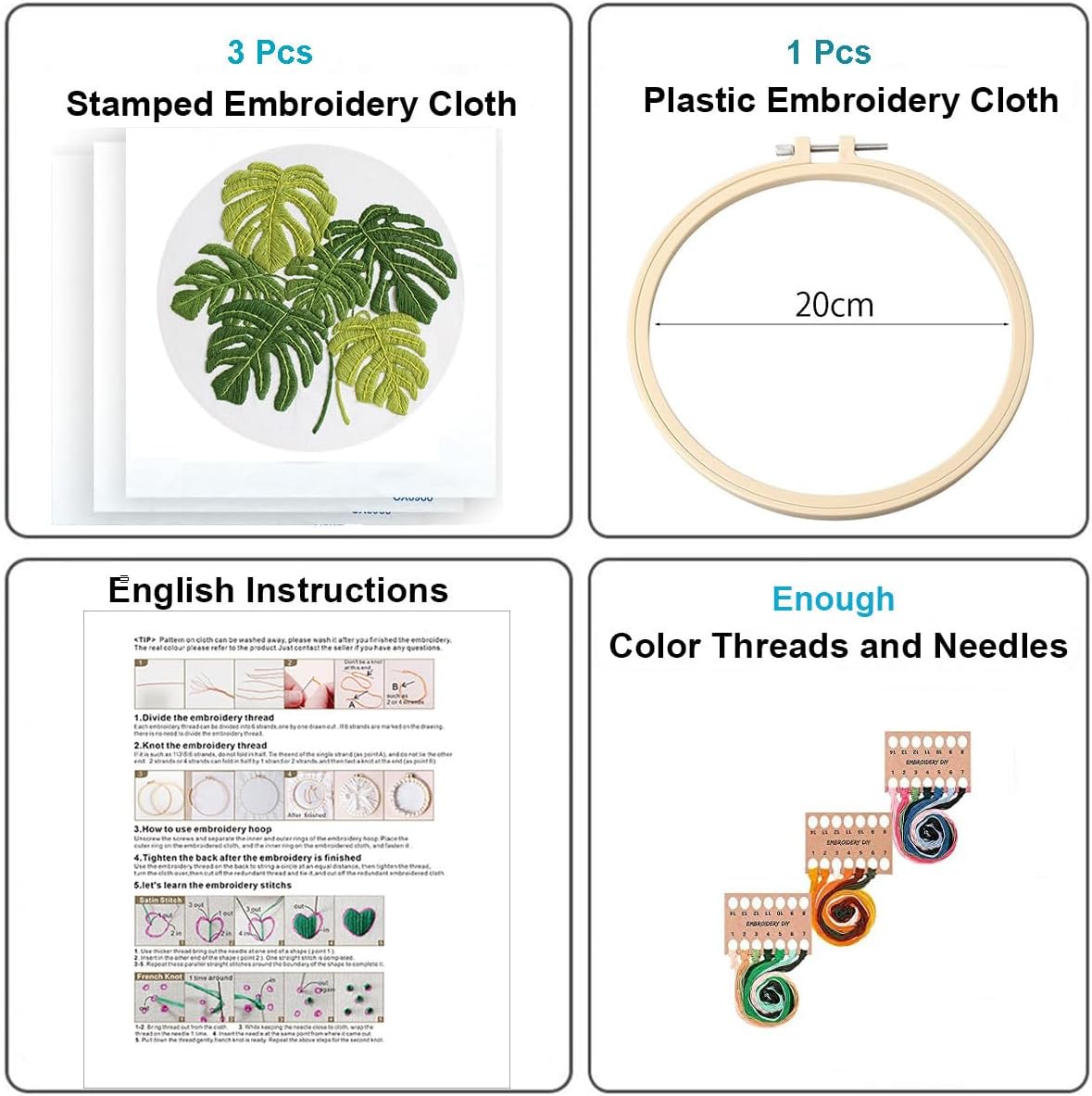 Konrisa Embroidery Kits for Adults Beginner, European Style Garden Plant Green Leaf Stamped Embroidery Starter Kit,DIY Sewing Practice, Needlepoint Cross Stitch Kit,Set of 3