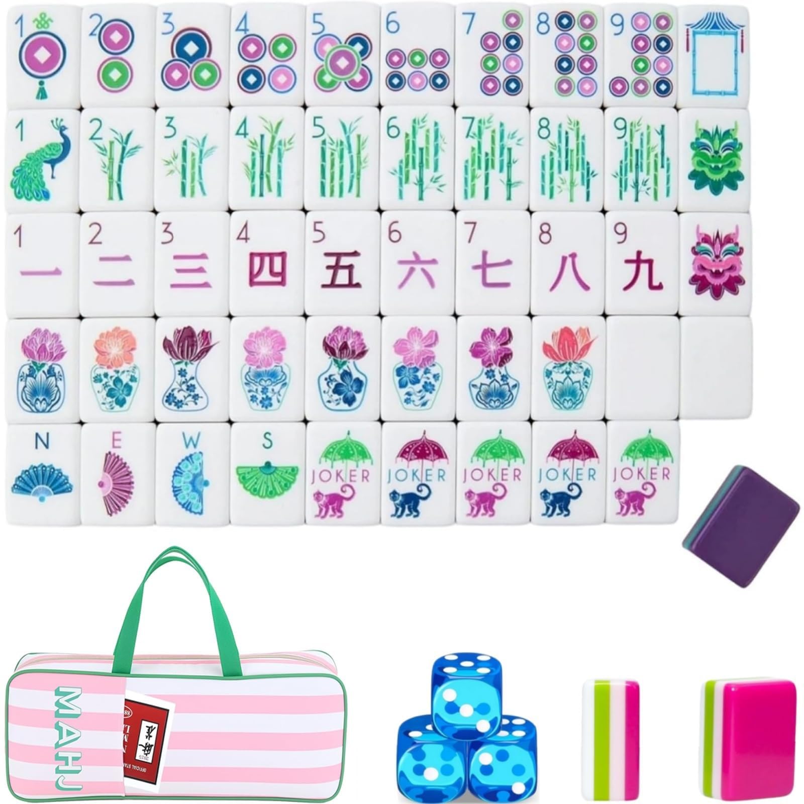 Kafelki Mahjong 4 Warstwy Zestaw 160 Sztuk Akryl z Kostkami | Grawerowane Czterowarstwowe Kafelki na Wieczory Rodzinne Imprezy Spotkania(Purple Fan)