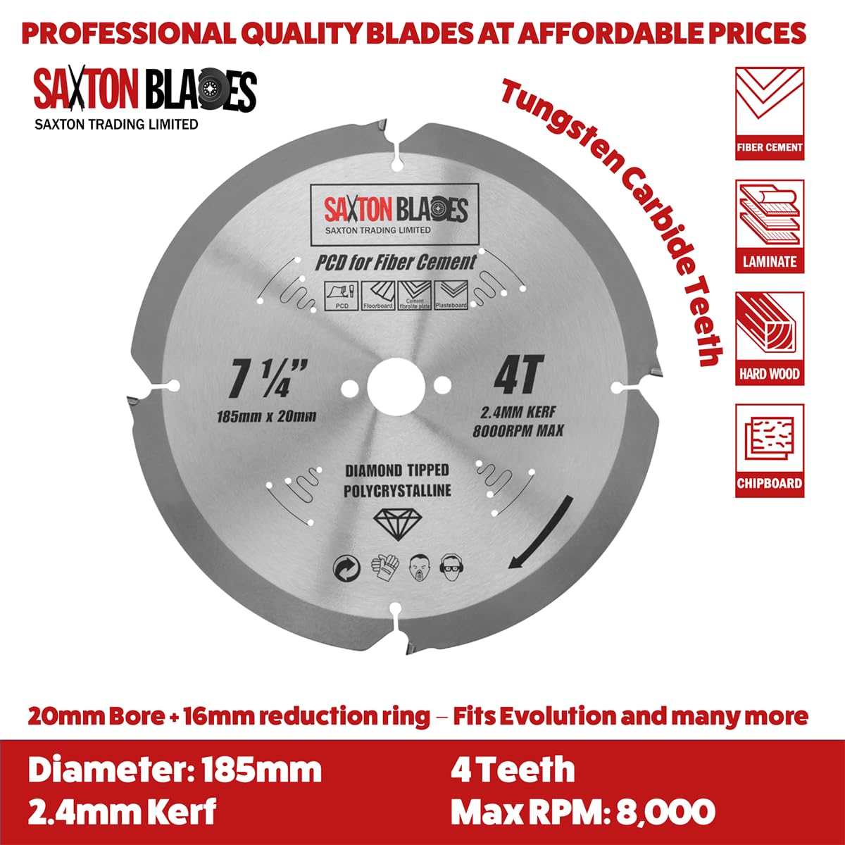 Saxton PCD Circular Saw Blade, 185mm x 4 Teeth x 20mm Bore (16mm ring), Polycrystalline Diamond Tipped Fibre Cement Board - Image 2