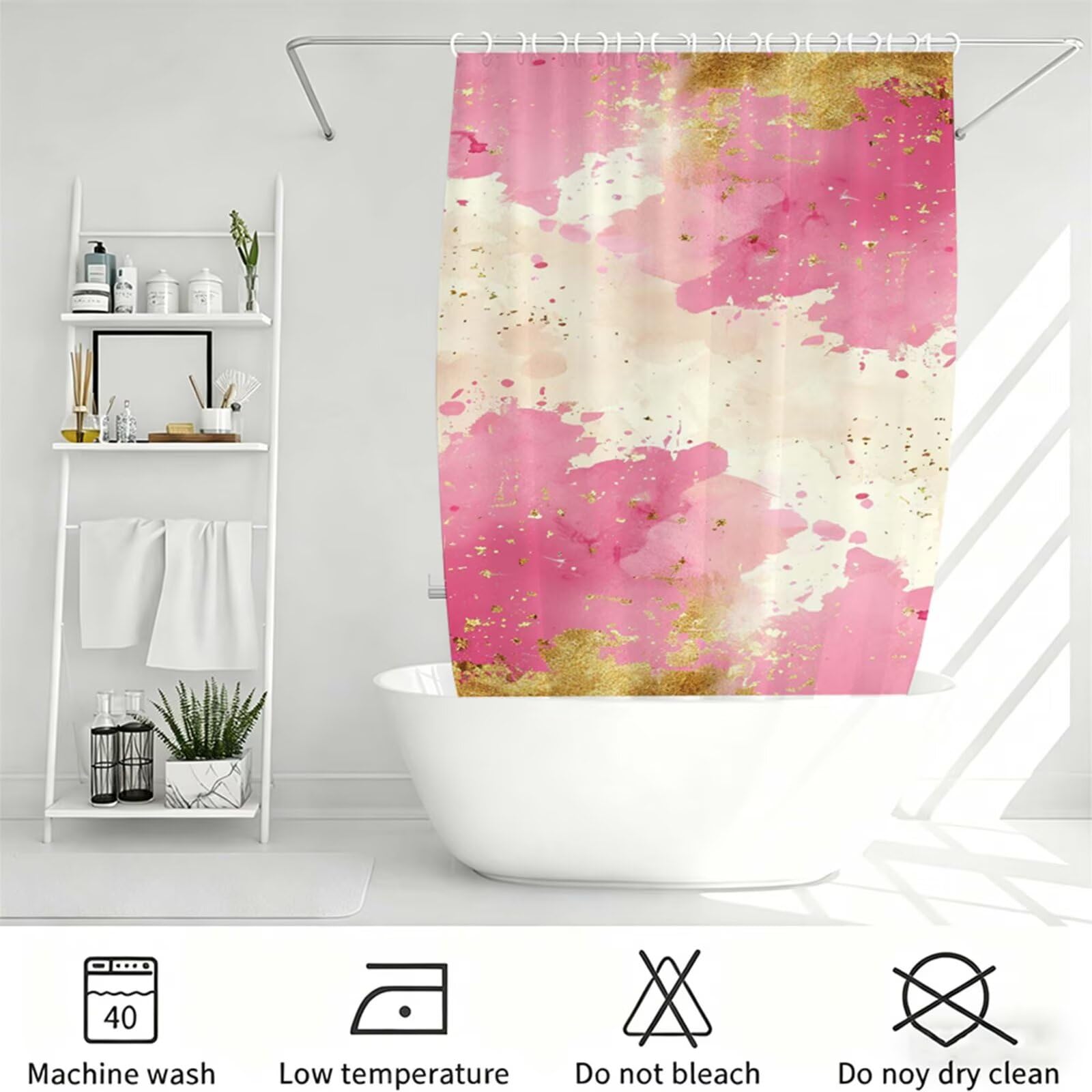 Zasłona prysznicowa, jasnoróżowa, poliester z tkaniny – wodoszczelna, nadaje się do prania, wraz z 12 pierścieniami, zasłona do wanny i wanny, 240 x 200 cm, prosta J-610