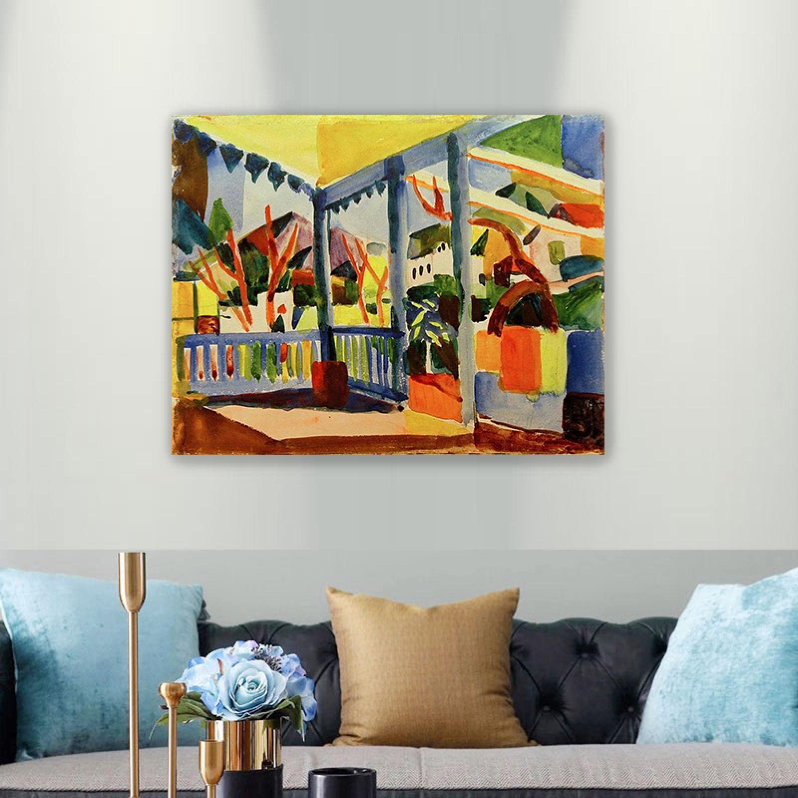 JZSDGB enmarcado-August Macke Pintura Reproducción de Carteles Cuadro en lienzo-impresión Obras de Arte-Cuadros famosos impreso sobre lienzo'Terraza de casa de campo en St. Germain' 70x90cm(28x35in)