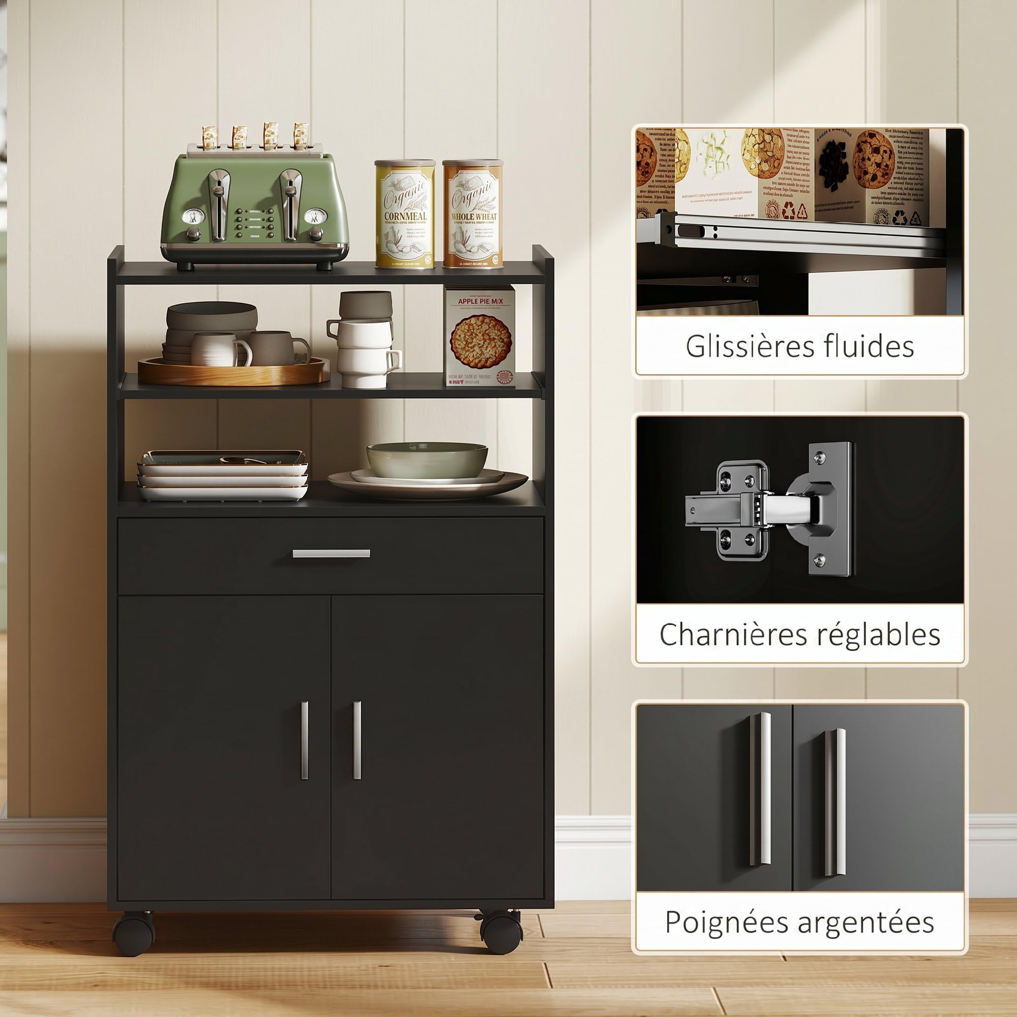 HOMCOM Chariot de Cuisine sur roulettes, 59 x 40 x 92 cm Noir | Desserte Micro-Onde avec Plan de Travail, Étagères Ouvertes, Tiroir, Placard, Meuble de Rangement pour Micro-Ondes