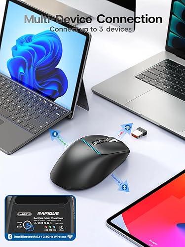Miniatura 2 de RAPIQUE Ratón inalámbrico Bluetooth dual y receptor USB de 2.4 GHz, 4 niveles de DPI (1000-3200), recargable tipo C, clic silencioso, mouse compacto