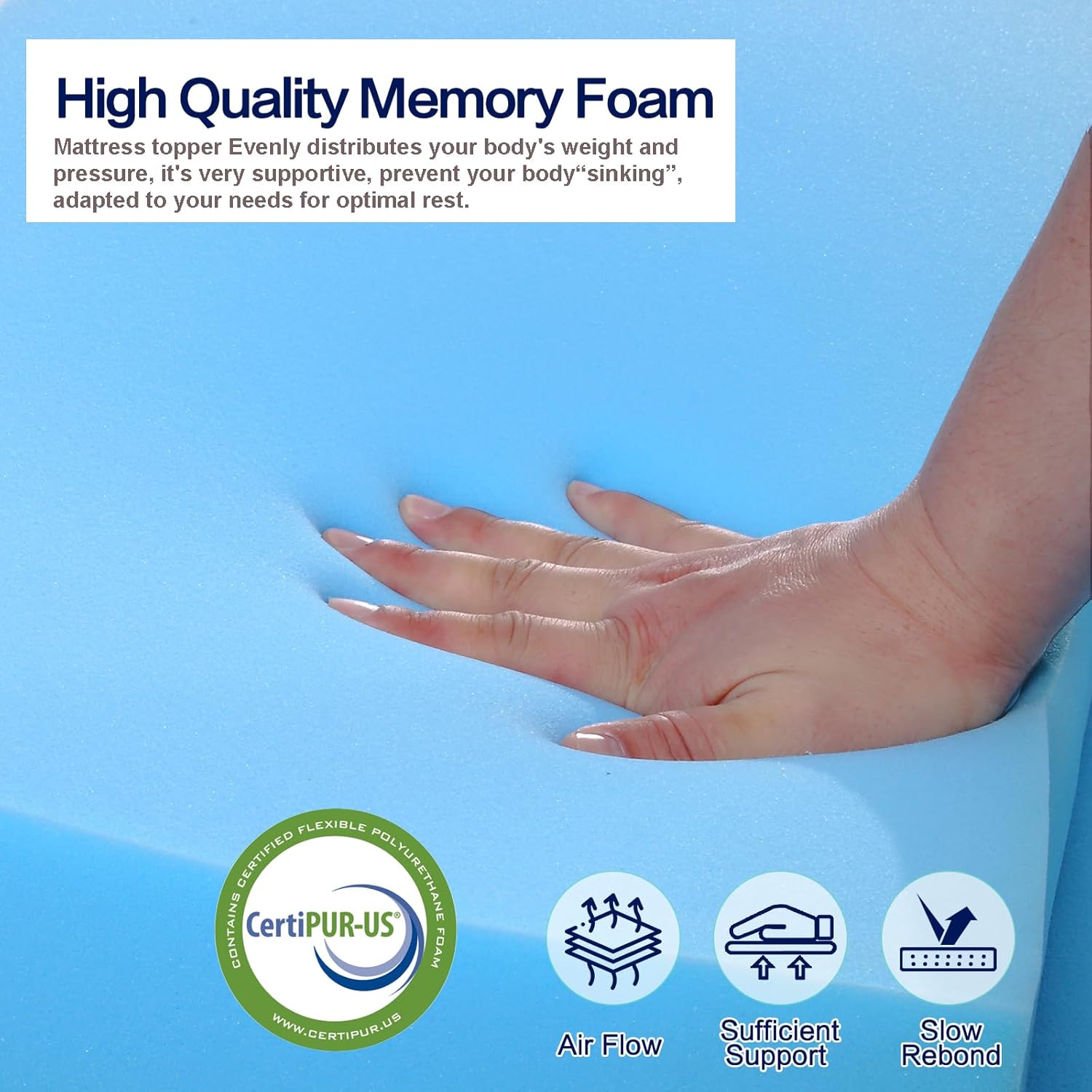 Twin XL Mattress Topper, Mattress Topper Twin XL 3 Inch High Density Memory Foam Mattress Pad Comfort Cooling, Bed Topper with Removable Cover, 4 Elastic Straps White, CertiPUR-US Certified