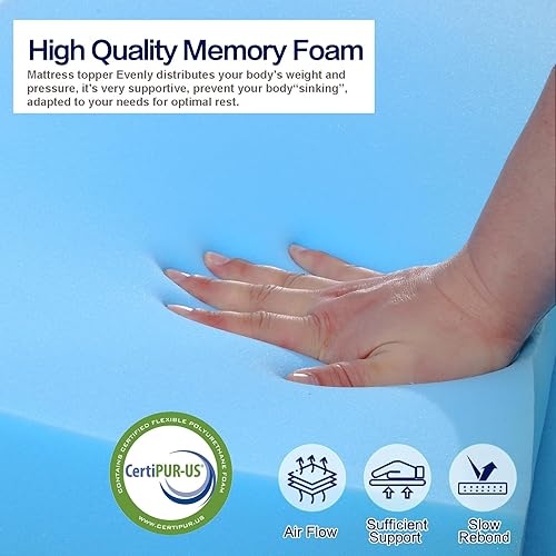 Miniatura 4 de Cubrecolchón individual XL, cubrecolchón de espuma viscoelástica de alta densidad de 3 pulgadas, cómodo y refrescante, cubrecolchón de cama con