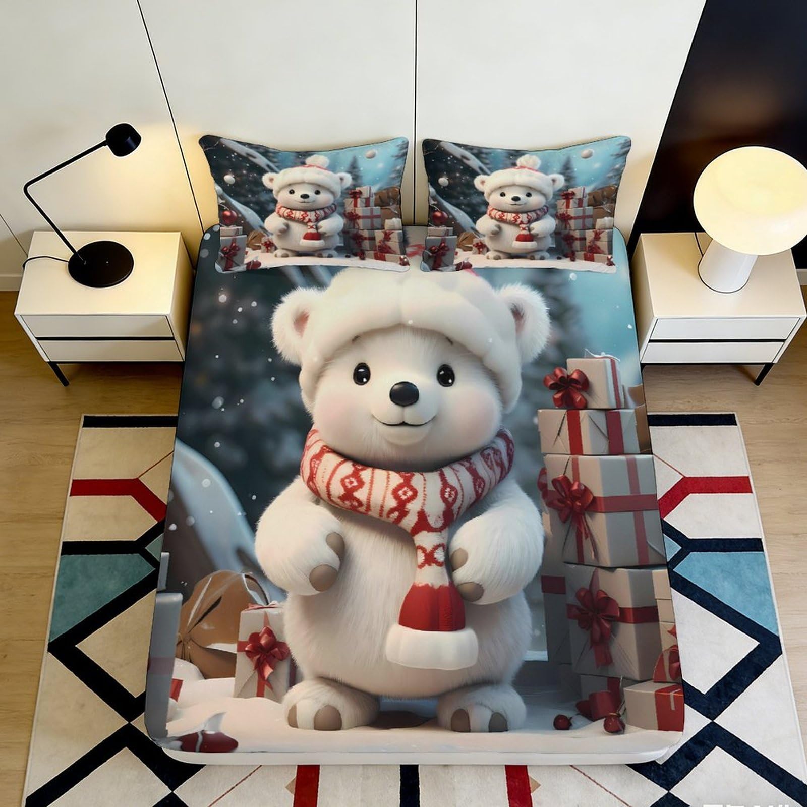 3D Printed Snowy Bear Fitted Sheet Microfiber Soft Anti-Slip Bed Cover for Bedroom Dorm Decor 90x200x25cm