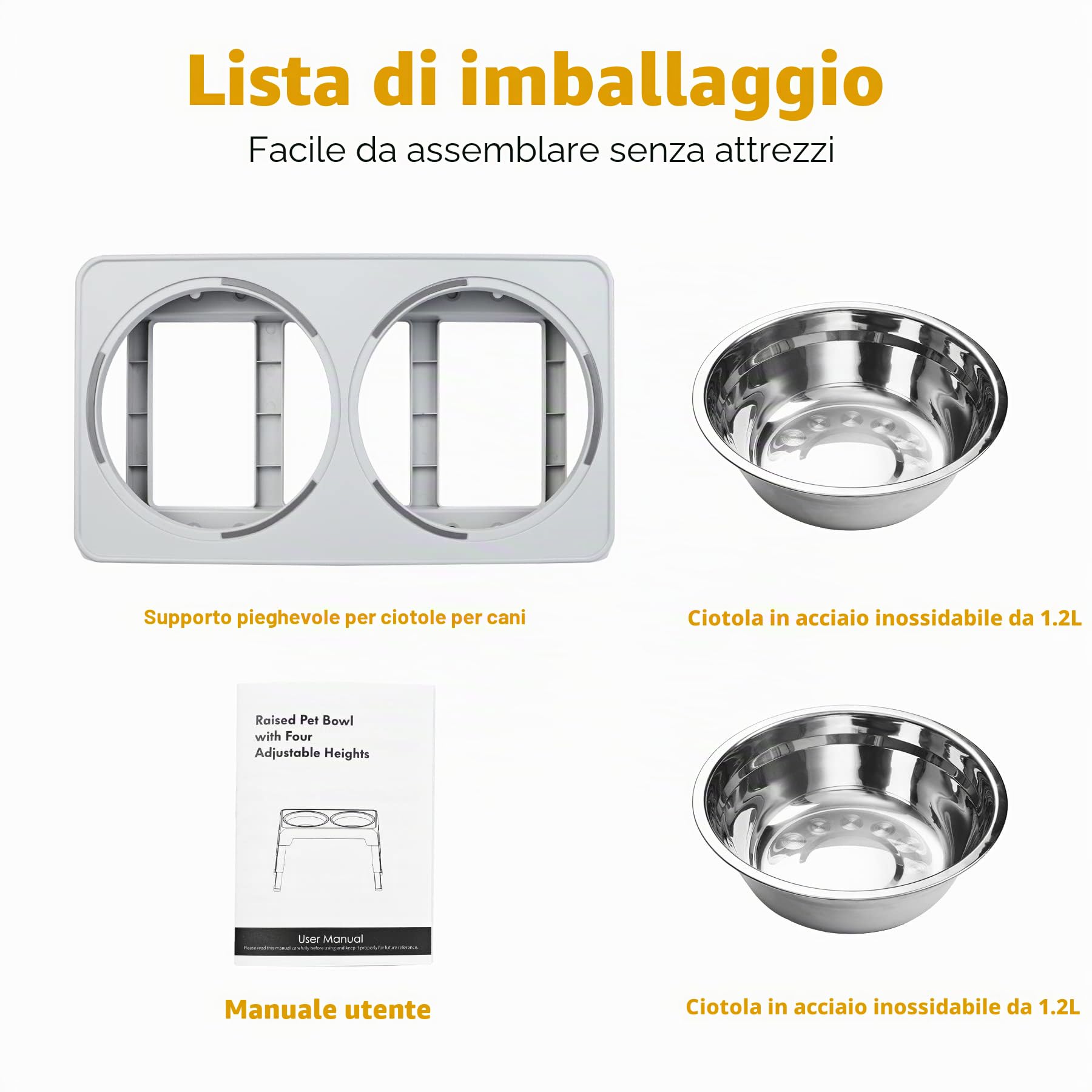 Toozey Ciotola per cani, mangiatoia con 2 ciotole in acciaio inox da 1200 ml, per cani medi e grandi, 4 ciotole regolabili in altezza, grigio