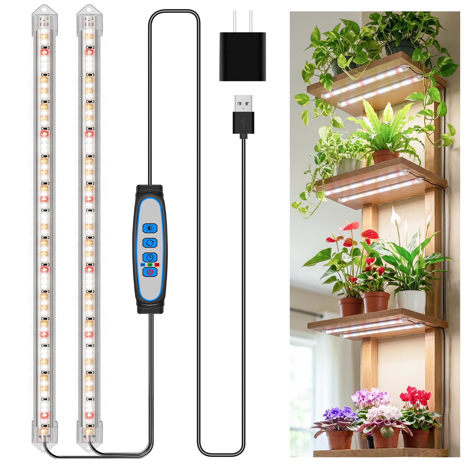 Kullsinss Lampada per piante a LED a spettro completo, rosso e bianco con 120 LED, luce per piante con timer ON/OFF 6/12/16H, 5 livelli di luminosità, 3 modalità di illuminazione, lampada per piante