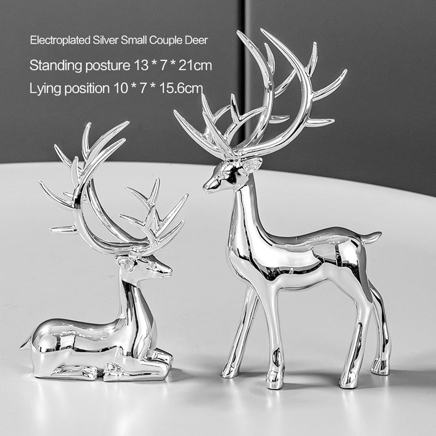 2PCS Christmas Elk Ornament Resin Reindeer Ornaments Sitting and Standing Deer Statue Office Home Desktop Decoration (Silver, 2PCS)