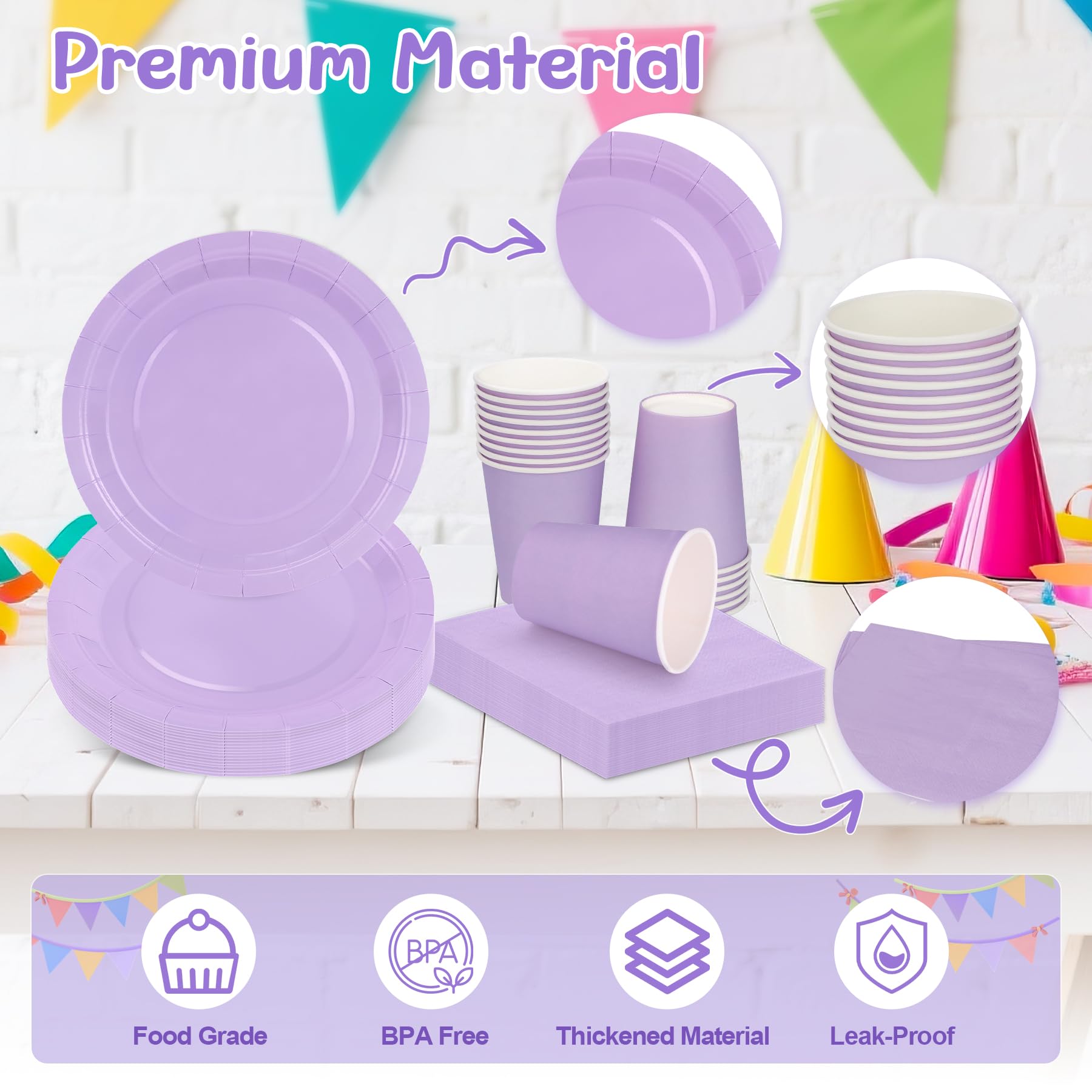 56 Pezzi Stoviglie per Feste Viola, Piatto Tazze e Tovaglioli di Carta per 16 Ospiti, Set di Stoviglie per Compleanno Matrimonio Baby Shower Decorazioni per Tavola