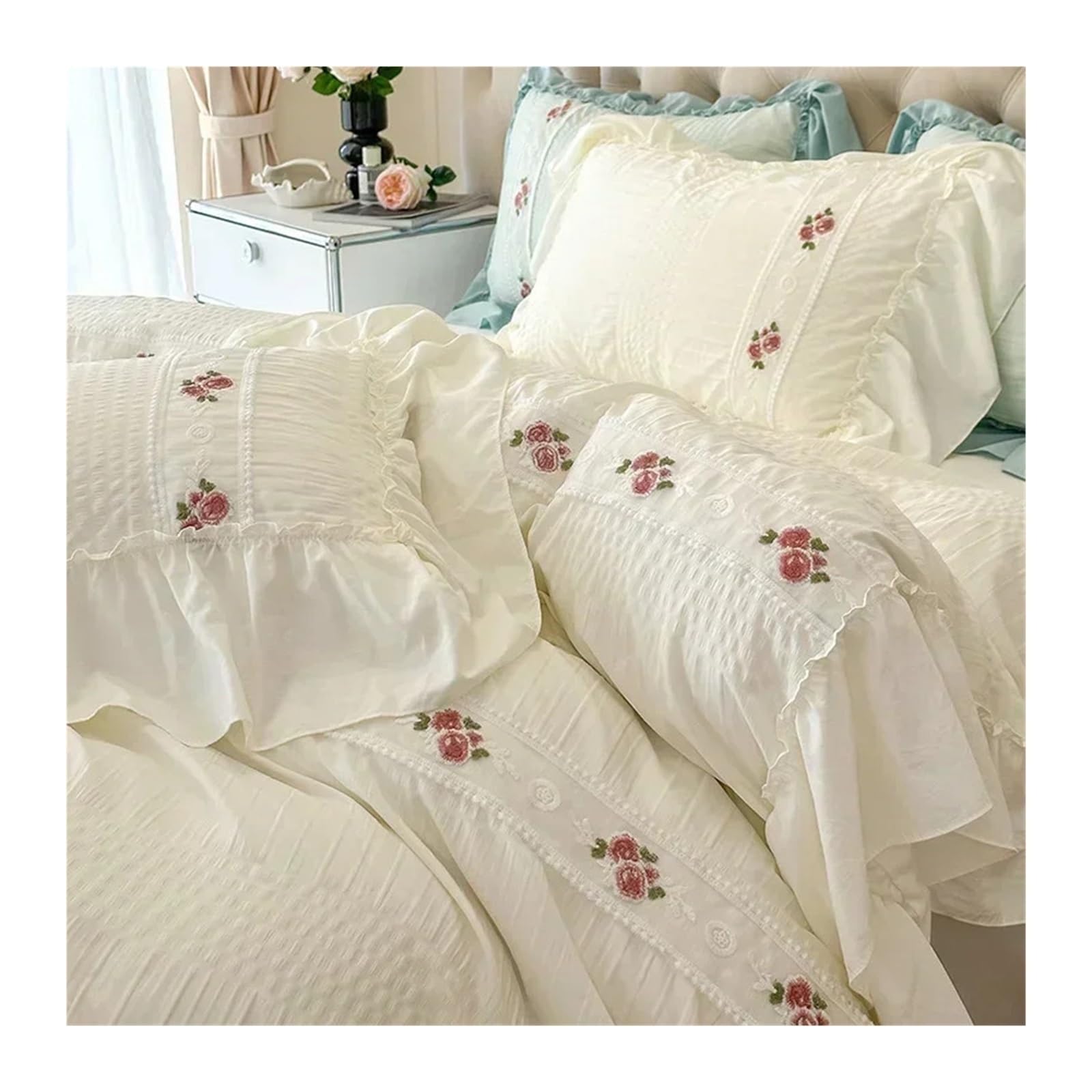 Housse de couette en gaze de coton brodée avec dentelle et volants romantiques