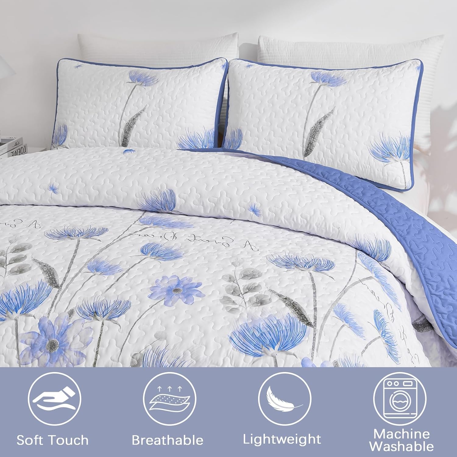 Dinjoy Floral Quilt Set Queen,Blue Bedspreads Queen Size 3 Pieces Cute Bedding Set Farmhouse Quilts Soft Flower Bedspreads White Coverlet Sets for All Season - Image 5