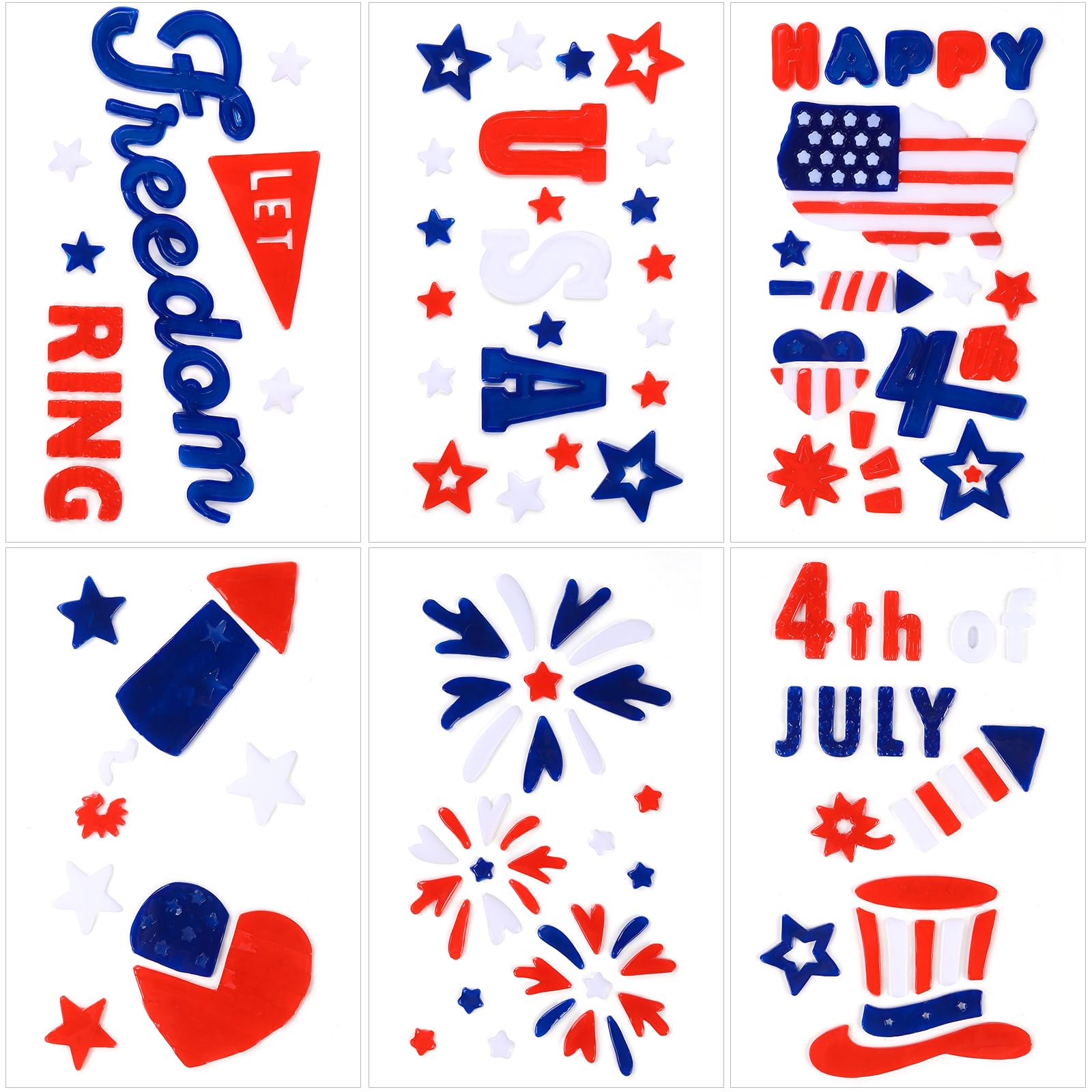 JOICEE 6 Sheets 4th of July Gel Window Clings, American Flag Red Blue White Star Patriotic Double-Sided Window Gel Stickers for Patriotic Memorial Independence Day Home School Office Party Decor