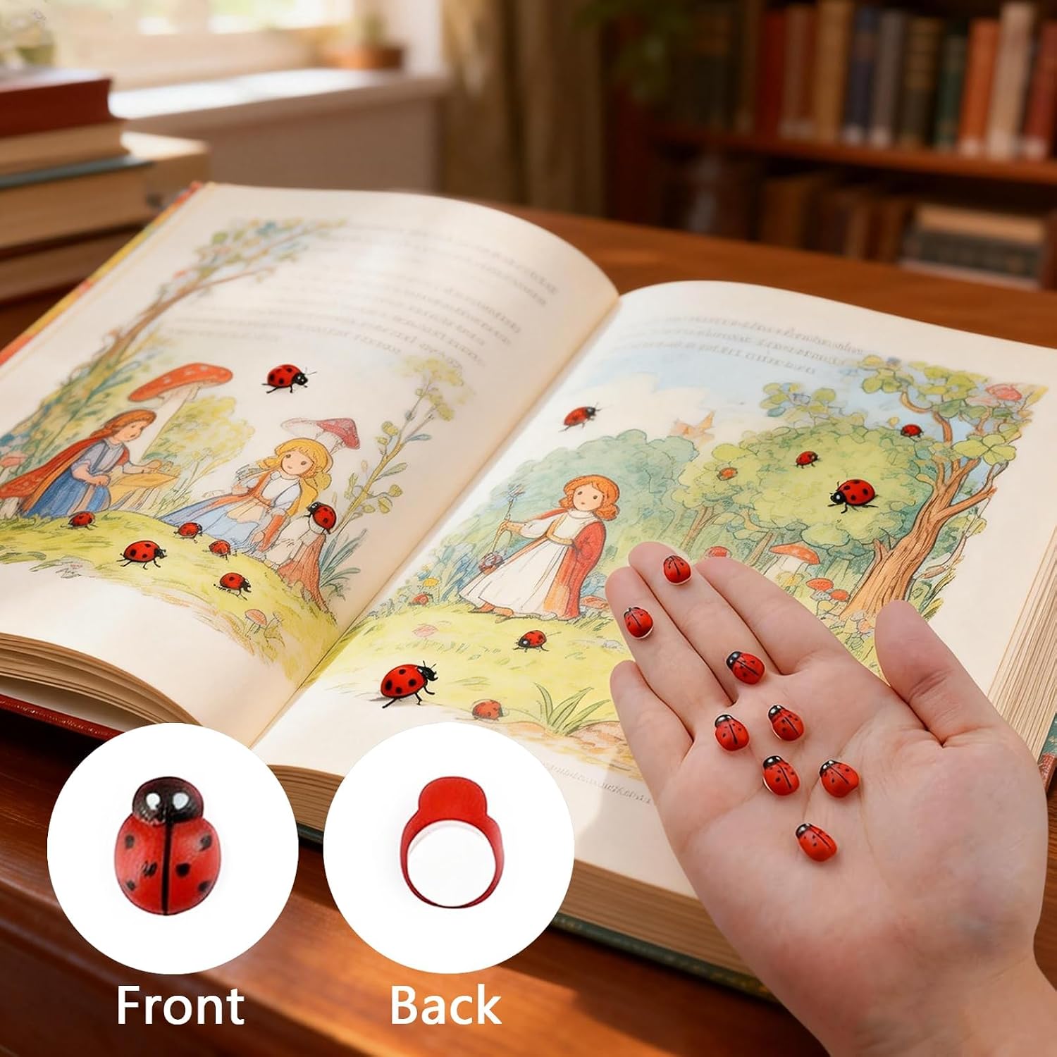 200PCS Tiny Wooden Ladybugs Decor, Self-Adhesive Painted Flatback Mini Wooden Bumble Bees for DIY Crafts Scrapbooking Micro Landscape Home Party Decoration Embellishments