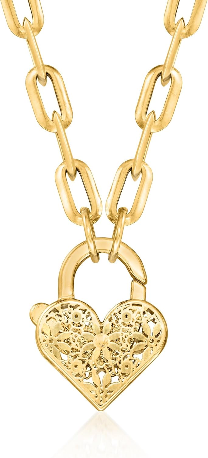 Ross-Simons Italian 14kt Yellow Gold Floral Embroidery Heart Lock Paper Clip Link Necklace