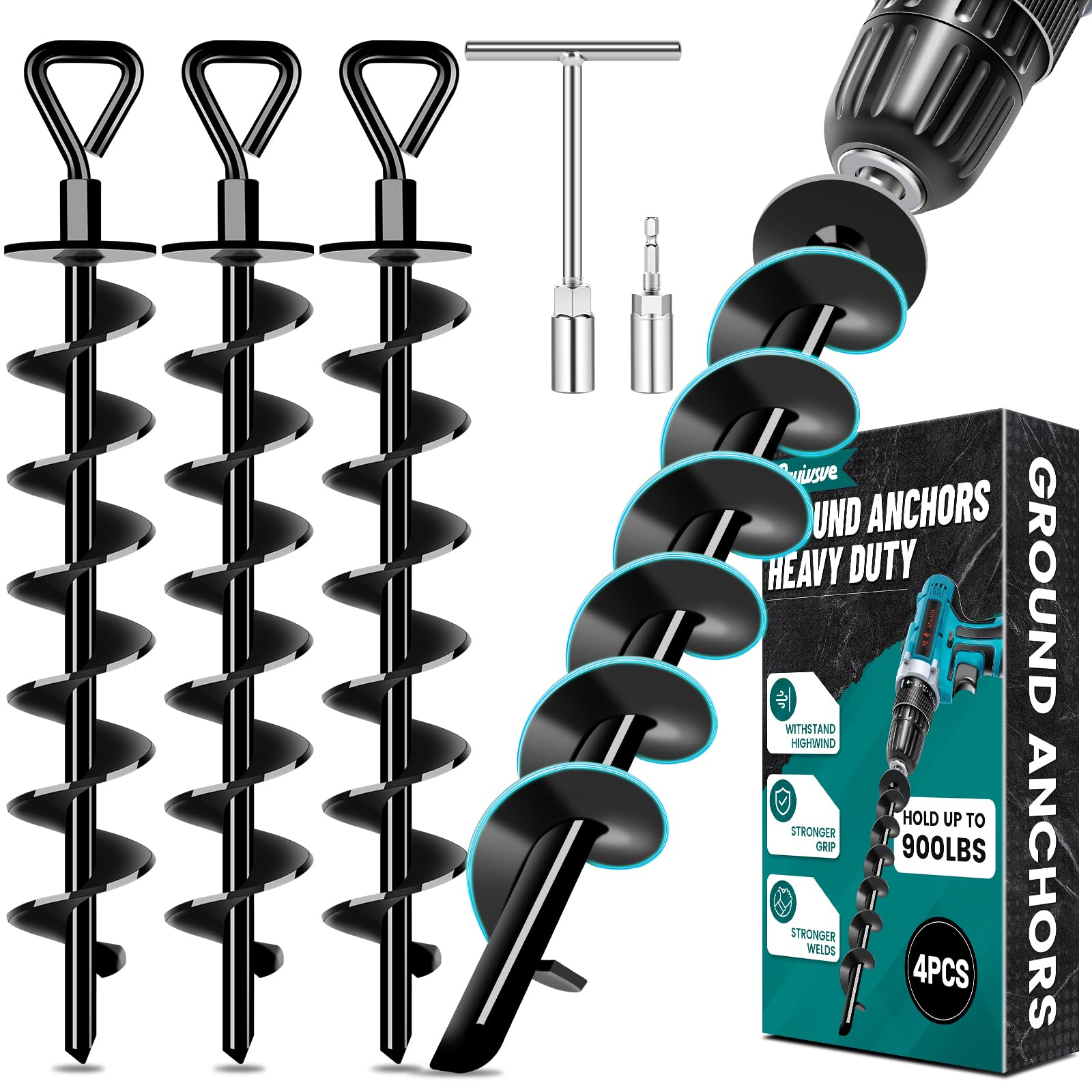 Photo 1 of Ground Anchors Screw in Payivsve, Heavy Duty Ground Trampoline Stakes High Wind Tent Stakes for Tent, Trampoline, Gazebo, Carport, Trap Anchor, Canopies, Swing Set(Black-4x15)