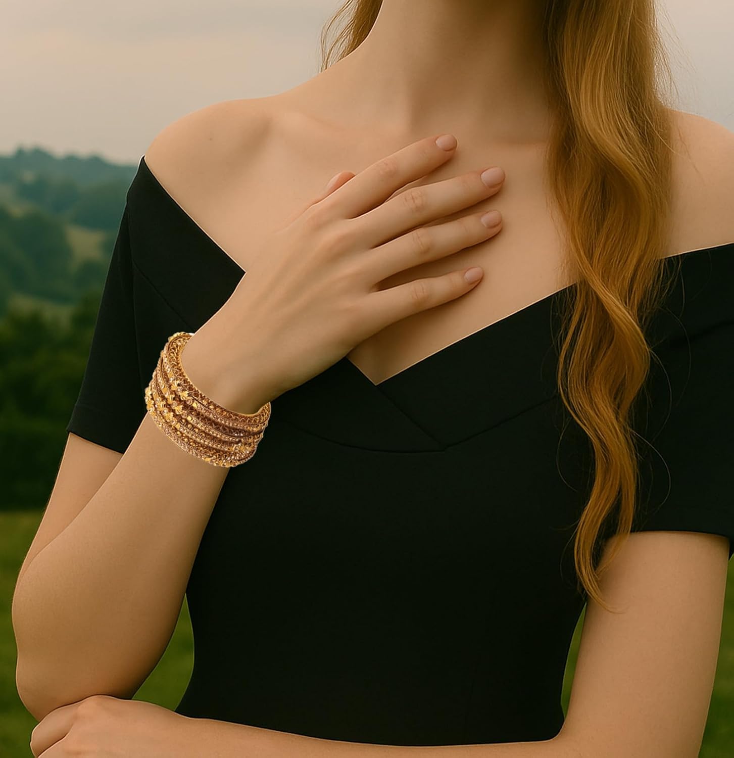 Touchstone "Golden Bangle Collection Ethnic Style Filigree Work Rhinestone Indian Bollywood Designer Jewelry Metal Bangle Bracelets in Antique Gold Tone for Women. Set of 4. - Image 3