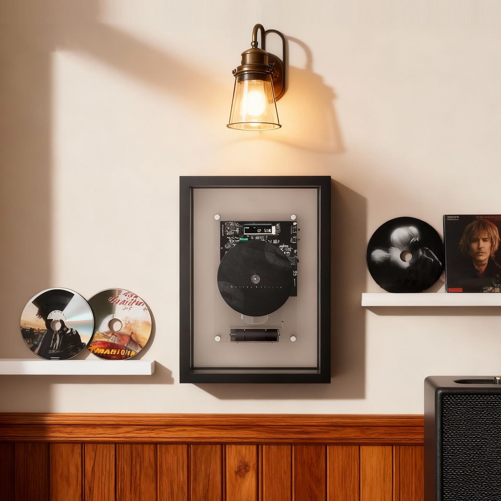 Lettore CD da parete Bluetooth 5.0 con telecomando, uscita AUX, display fotografico, perfetto per la decorazione di casa e ufficio, senza altoparlanti integrati per gli amanti della musica