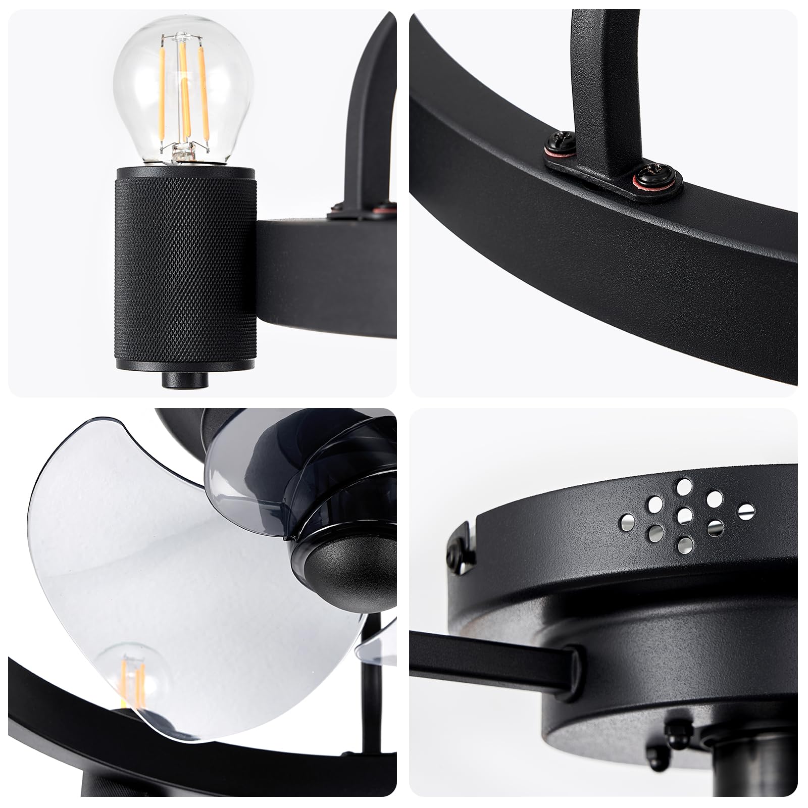 Black Modern Caged Ceiling Fan with Lights Remote Control,Small Flush Mount Outdoor Ceiling Fan for Patios Bladeless Low Profile Chandelier Ceiling Fan for Bedroom Living Room Kitchen DDLL06
