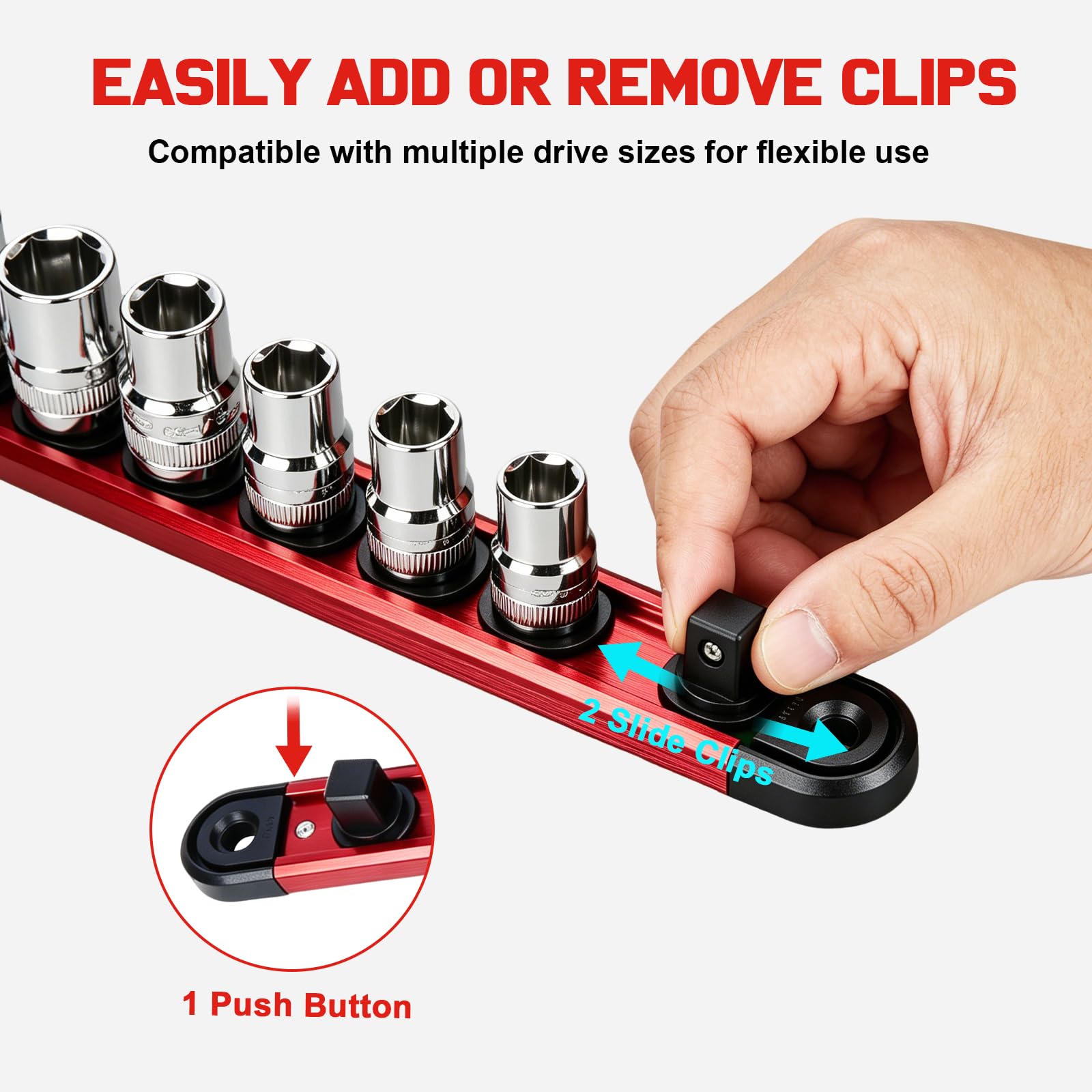 organizer magnetico in alluminio per bussole – Guide da 1/4", 3/8", 1/2" con clip removibili girevoli a 360° (9) | Alluminio, 360° clip girevoli, organizer per cassetta attrezzi, per 120 bussole, per chiave a cricchetto, portalame magnetico