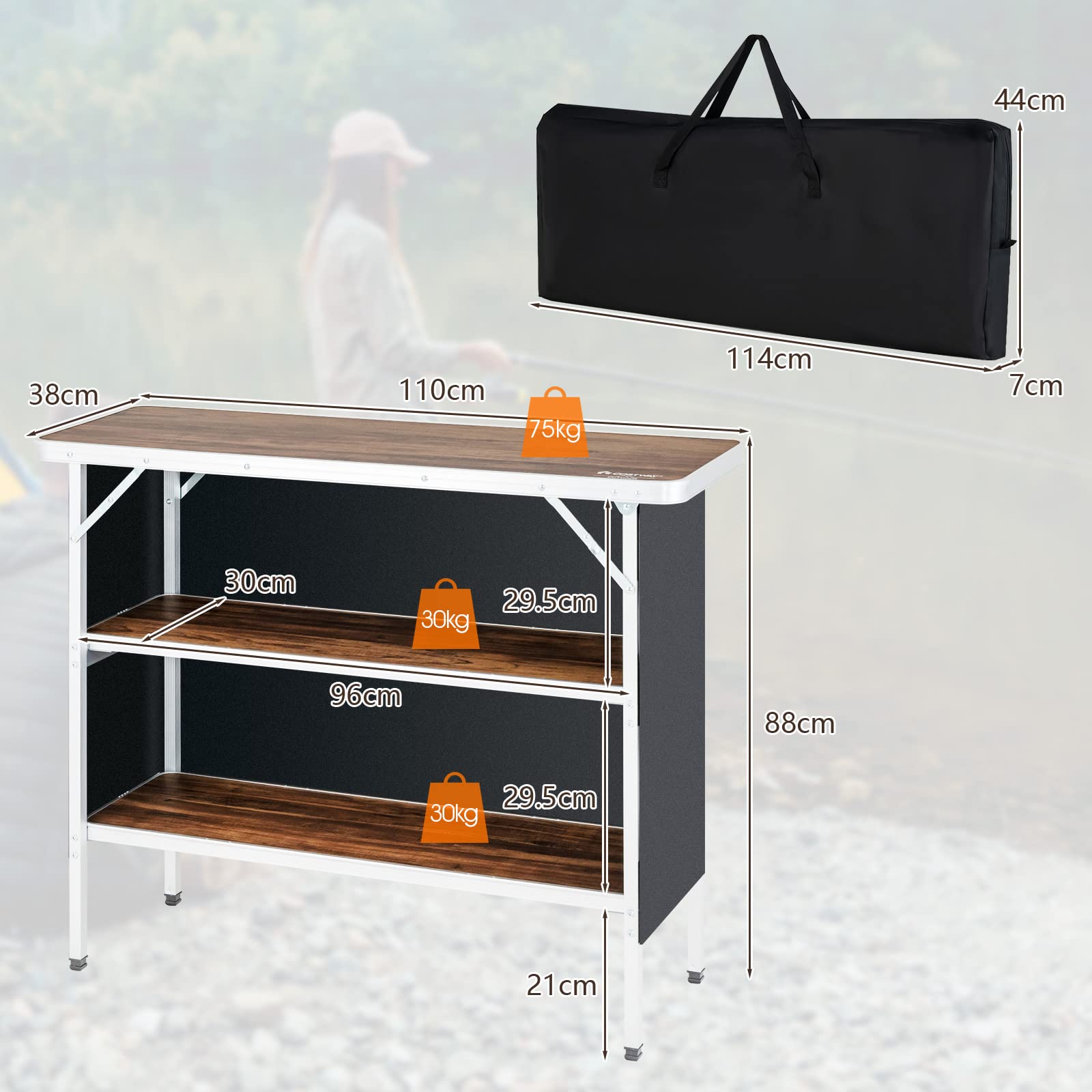 GOPLUS Mesa de camping plegable para picnic con almacenamiento, mesa portátil ligera de aluminio con bolsa de transporte, estación de preparación de alimentos con 2 estantes (café)