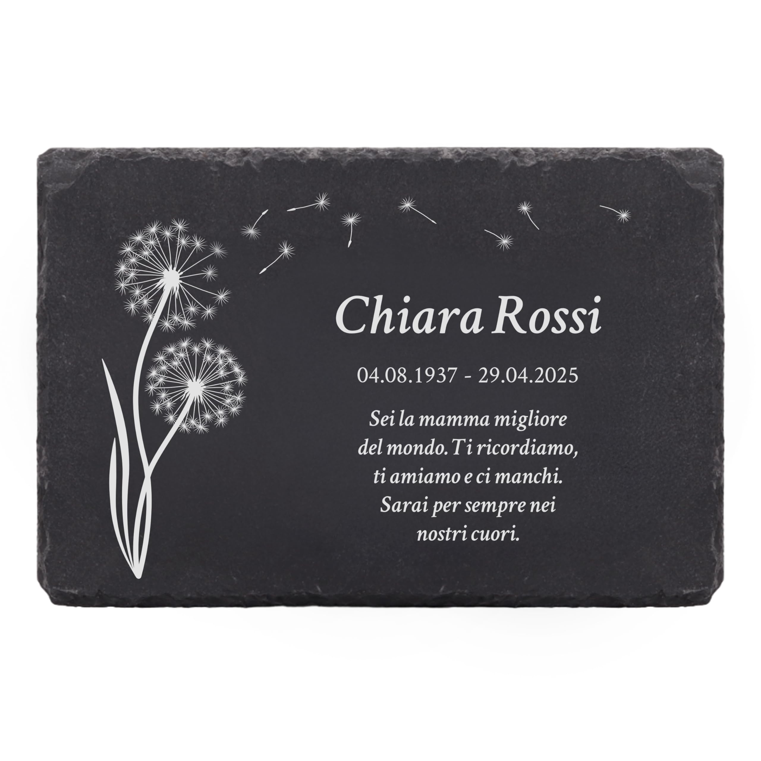 LAUBLUST Lapide personalizzata come decorazione funeraria con testo desiderato | Lastra in ardesia incisa come targhetta funebre - Motivo soffione, 3 dimensioni | Belle lapidi con nome
