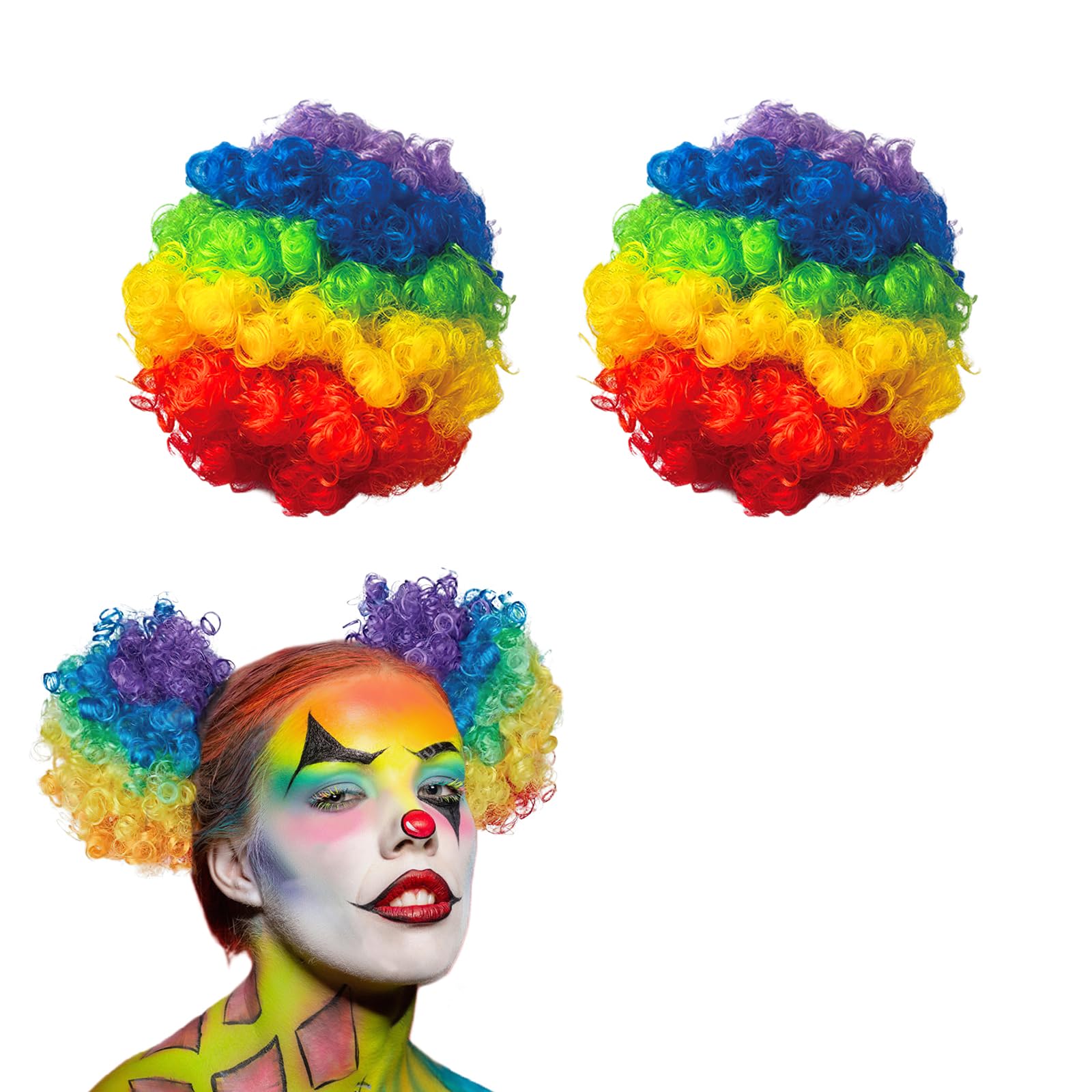 Rainbow Clown Wigs 2pcs Synthetic Afro Puff Bun Extensions for Cosplay Parties Amazon.com : 2 Pcs Afro Puff Bun Drawstring Ponytail  main image 2