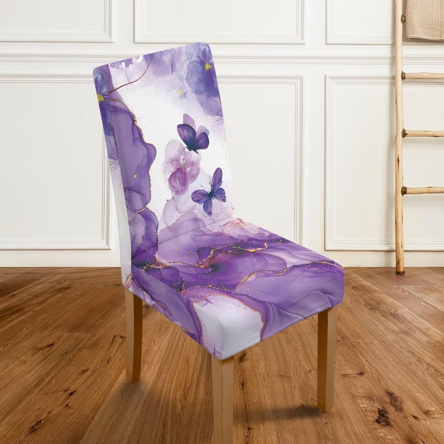 Blue Golen Marble Butterfly Print Chair Covers for Dining Room Chair Covers Stretch Kitchen Chair Protector Removable Parsons Chair Slipcover for Home, Party, Ceremony, Banquet, 4 Pack