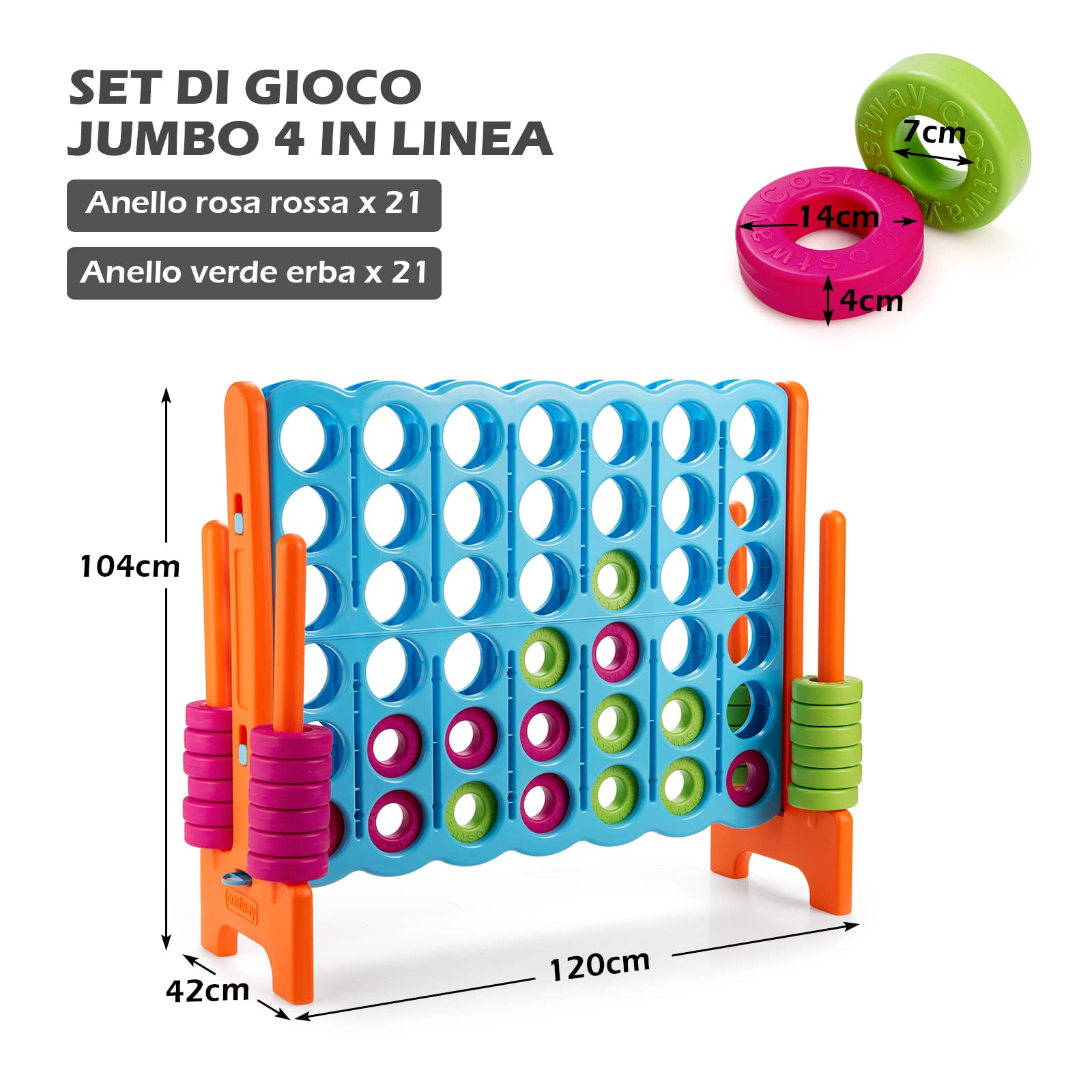 COSTWAY Forza 4 Gigante per Bambini e Adulti, da Interno ed Esterno | Set di Forza 4 in PE e PP con 42 Anelli per Feste e Vacanze, 120 x 42 x 104 cm, Azzurro+Arancione