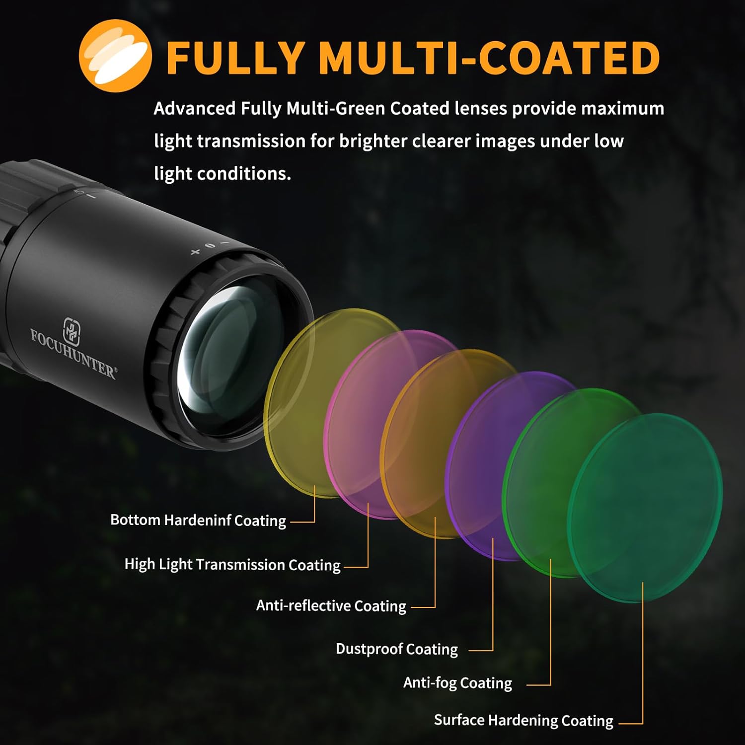 FOCUHUNTER 5-30X56 Scope, 6-Level Red Illuminated Optical with Windage & Elevation Adjustable, Mil-dot Reticle Scope with 34mm Mounts & Sunshade, IP67 Waterproof Shockproof Green FMC Lens