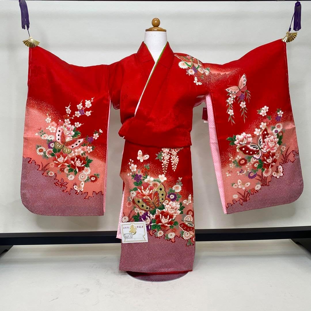 七五三　女児三つ身　3歳～5歳　赤　絞り　正絹　長襦袢付き　u-140 七五三 正絹絞り四つ身着物 絞り 刺繍 長襦袢セット 7歳用