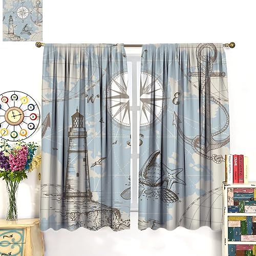 Miniatura 3 de Cortinas opacas de faro, concha náutica marina, brújula, ancla de mar, impresión artística azul para dormitorio, baño, sala de estar, decoración con