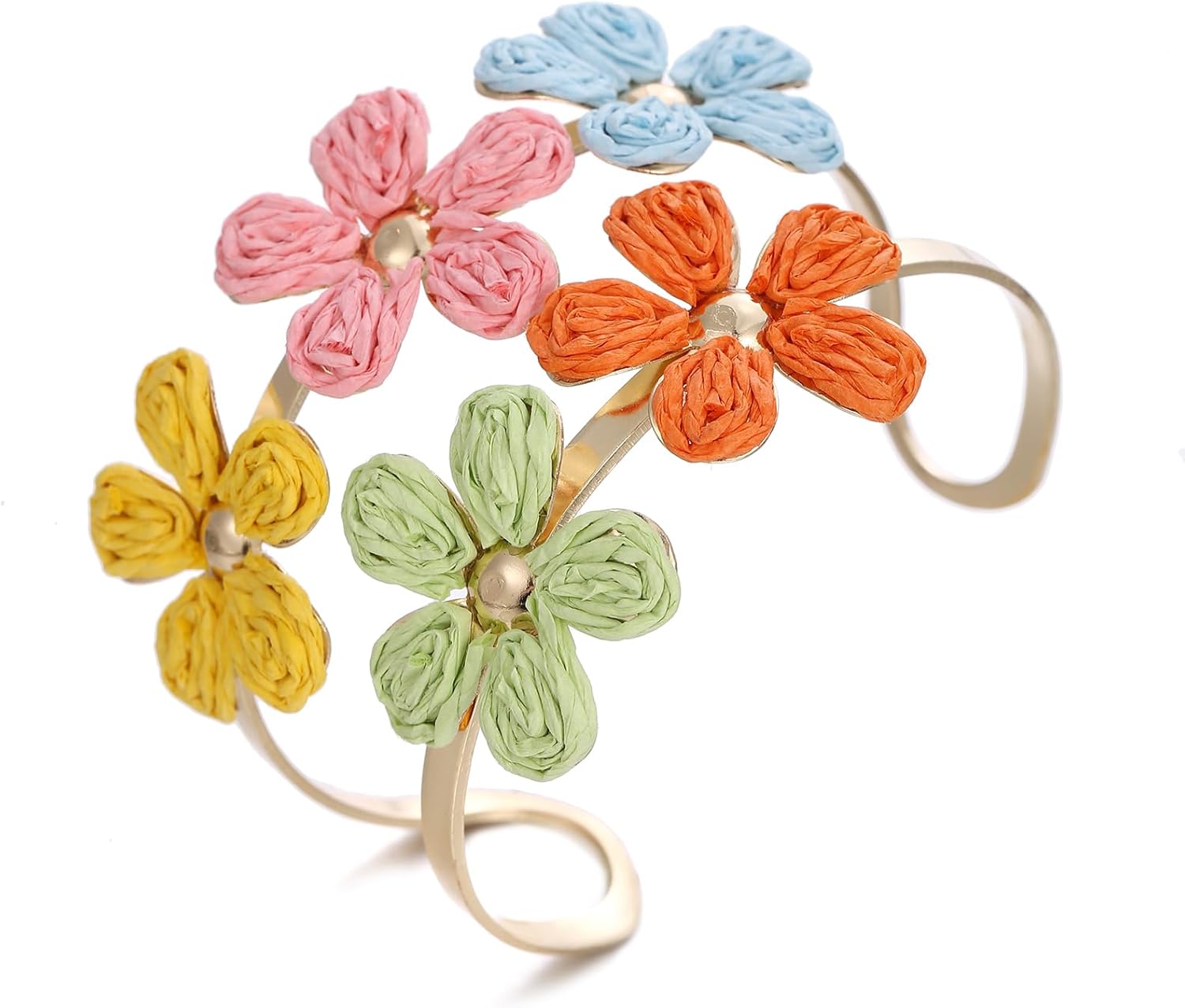Handmade Raffia Flower Cuff Bracelet for Women - Colorful Adjustable Wide Open Bangle, Statement Tropical Floral Jewelry for Beach