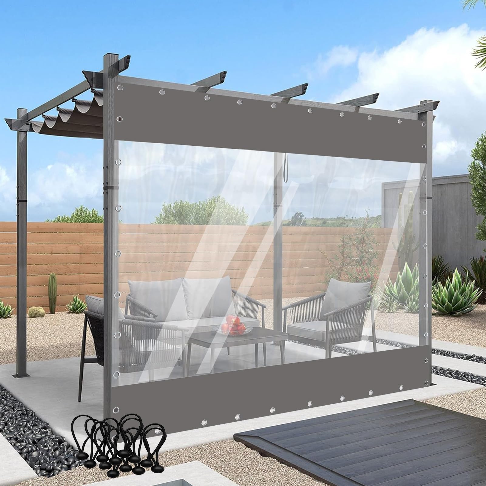 Graue PVC-Outdoor-Vorhänge für Pavillon, Pergola oder Terrasse, wasserdichte transparente Seitenteile mit Ösen (Größe: 4,5 x 3 m)