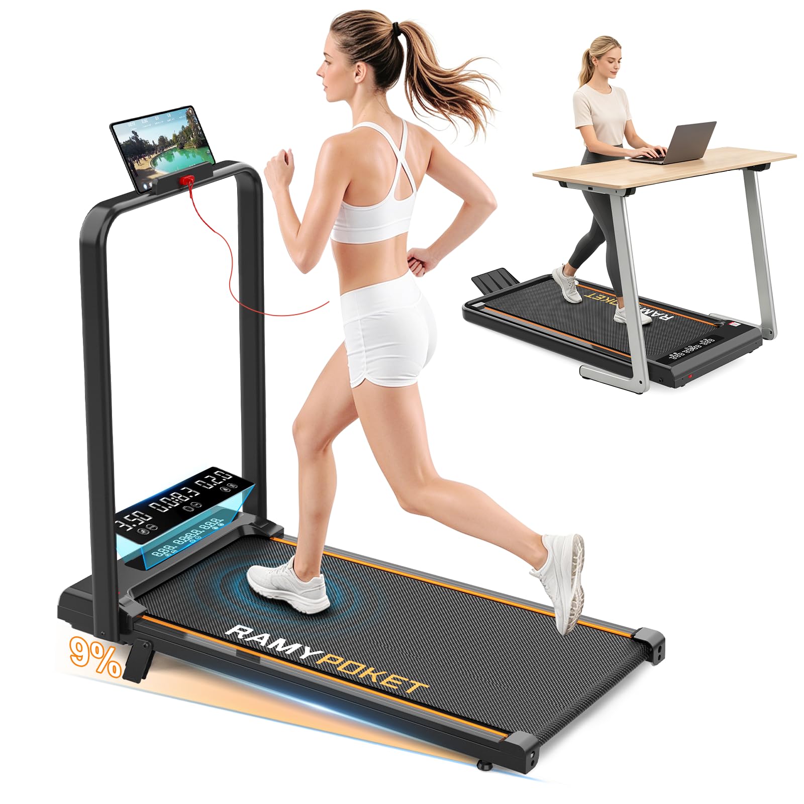 RAMYPOKET 9% Incline Walking Pad, Under Desk Treadmill for Home (GRAY)