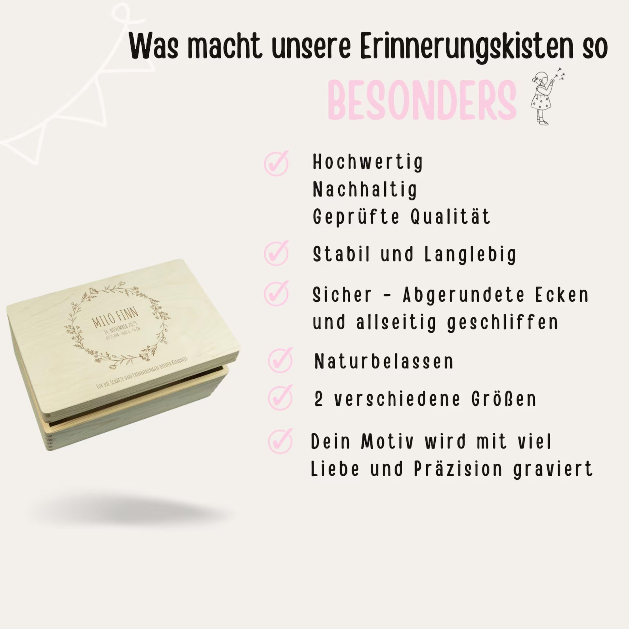 wunderwunsch® - Personalisierte Erinnerungsbox Baby mit Spezial-Druck - Baby Erinnerungsbox aus Holz - Geschenk zur Geburt (Blumenkranz Kindheitserinnerungen, S | 30 x 20 x 14 cm)