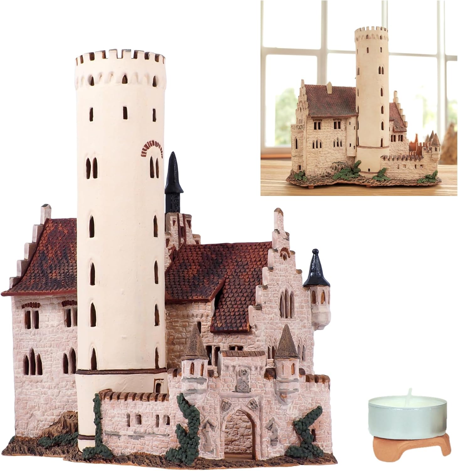 Ceramic Christmas Village Houses Collection - Collectible Handmade Miniature of Historic Lichtenstein Castle, Germany - Tea Light Candle Holder E210N*