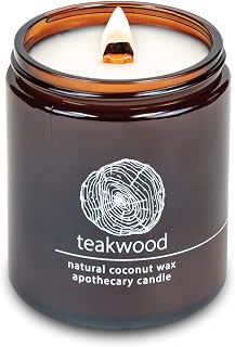 Crackling Wood Wick Candle Handcrafted with Natural Coconut Wax (Standard 8 oz, Teakwood)