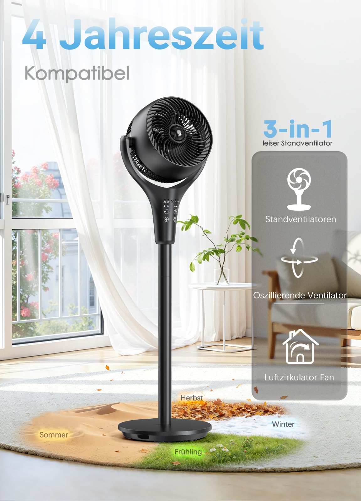 Standventilator Leise 38W 1200m³/h 21M Windentfernung Turbo 3 Modi 4 Windstufen 120°+90° Oszillation