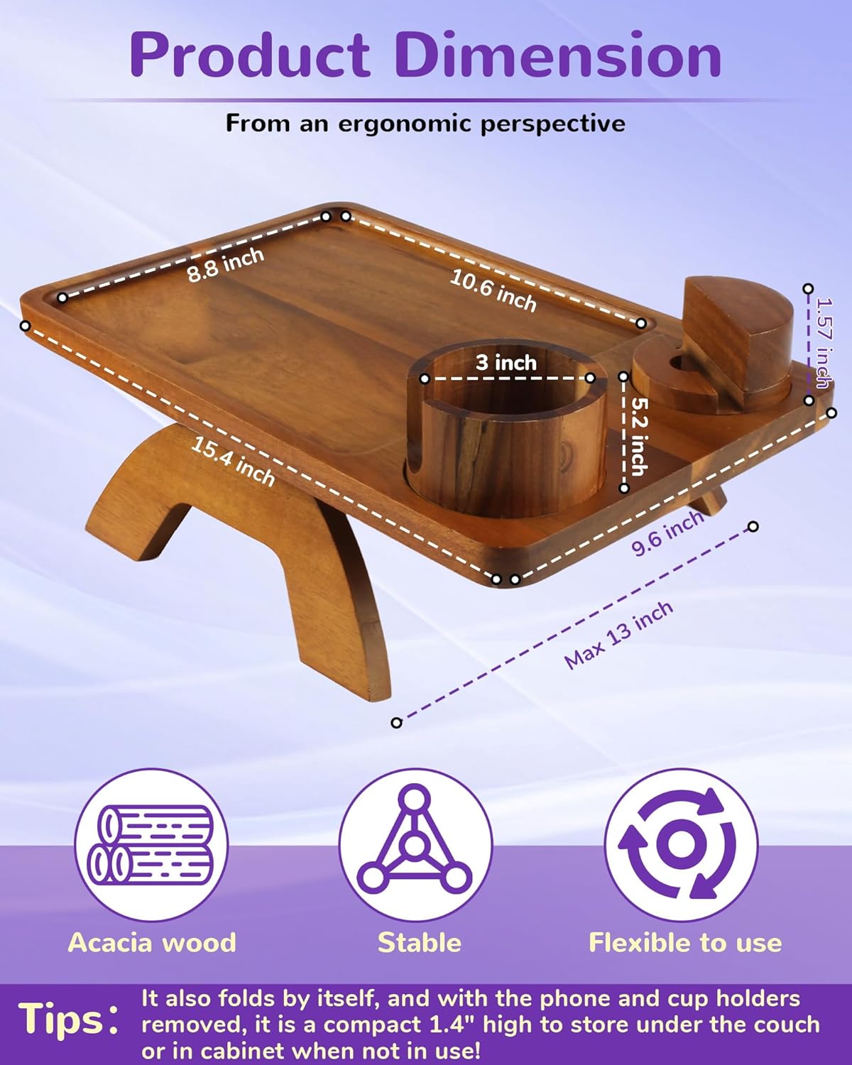 Couch Arm Tray Table with Cup Holder & Adjustable Phone Stand – Foldable Acacia Wood Sofa Arm Clip Table for Wide Couches, Recliners, and Living Room Use