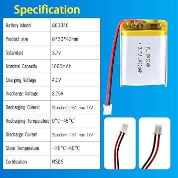803040 3.7V Lipo Battery 1000mAh 803040 Rechargeable Lithium Polymer Battery Pack with JST PH2.0mm Connector for Electronic Device