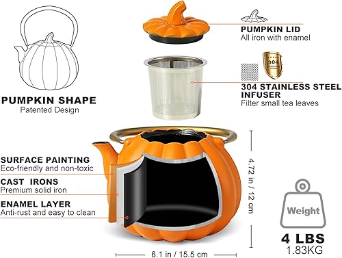 Miniatura 3 de Tetera de hierro fundido de calabaza naranja (40 onzas40.6 fl oz), color calabaza, tetera creativa de calabaza con esmalte, apta para estufas,