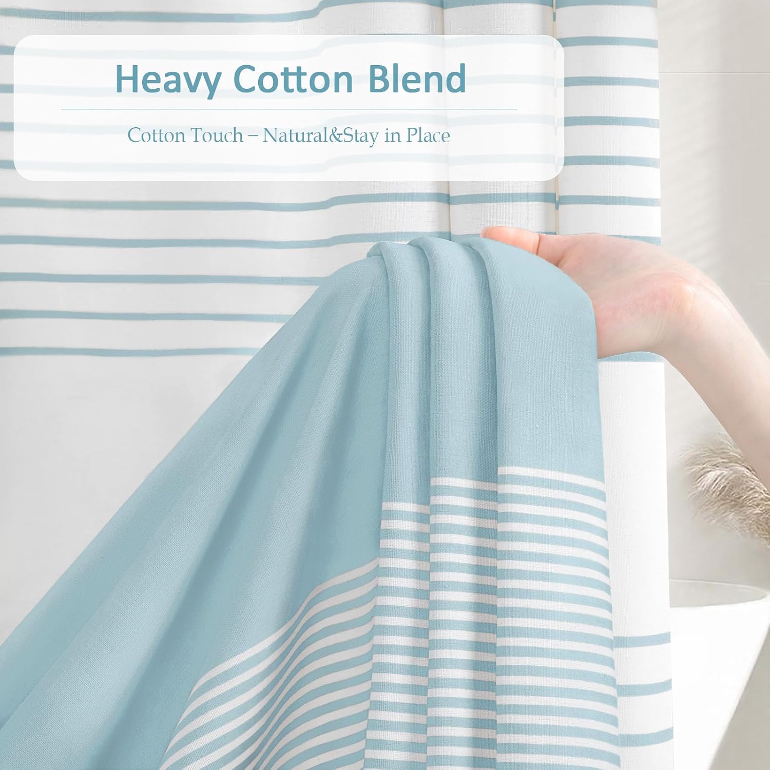 Aqua Blue Shower Curtain Cotton Coastal Ocean Striped Shower Curtains for Bathroom with Tassel 72 X 72